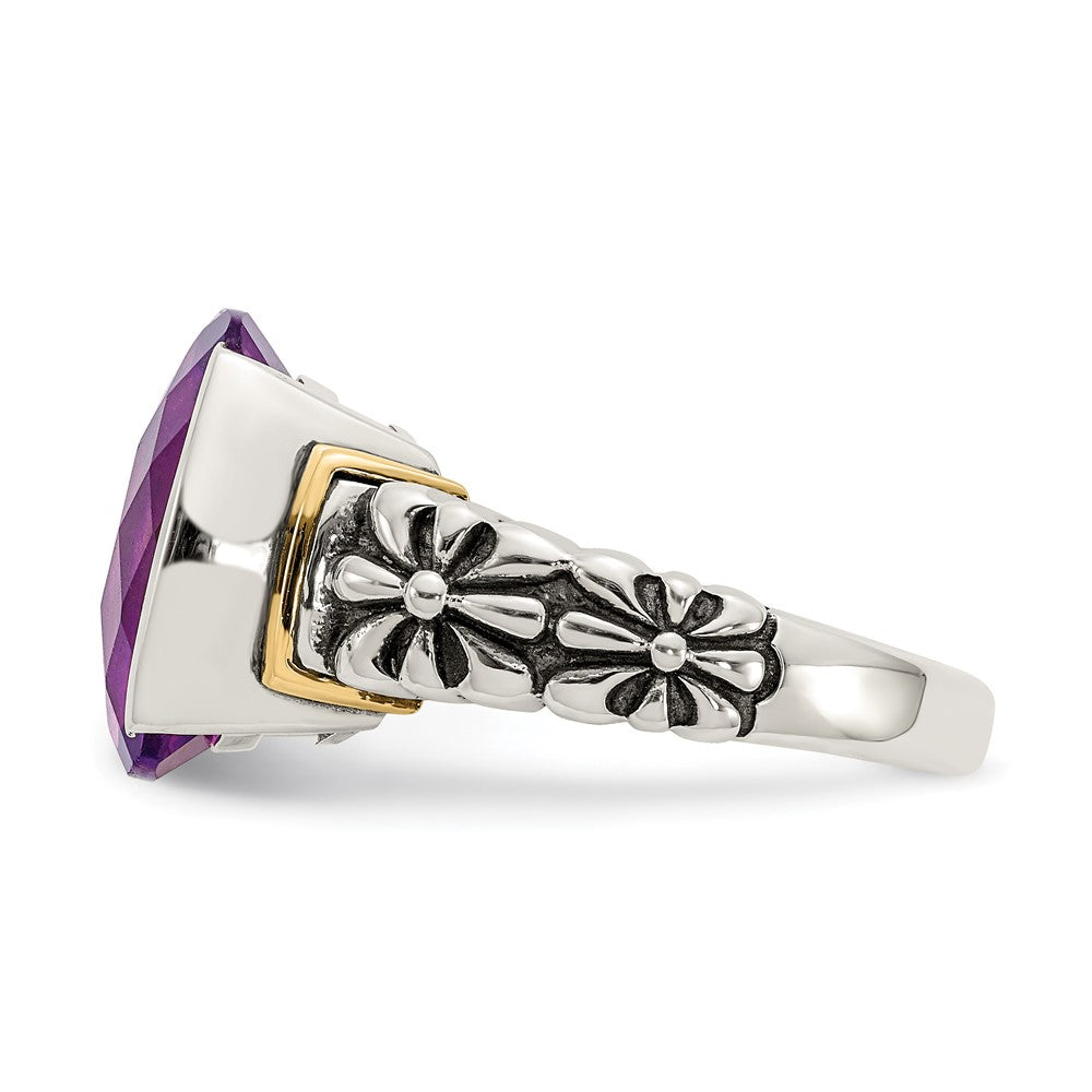 14K/Silver Two Tone Shey Couture Sterling Silver With 14K Accent Antiqued Checkerboard Cut Cushion Chanel Set Amethyst Ring (Size 8 Only)