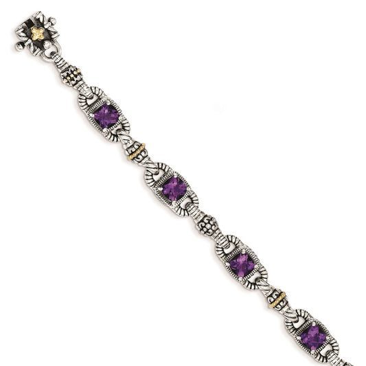 14K/Silver Two Tone Shey Couture Sterling Silver With 14K Accent 7.25 Inch Antiqued Cushion Amethyst Bracelet
