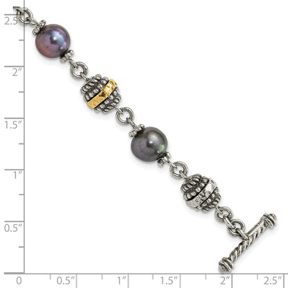 14K/Silver Two Tone Sterling Silver 14Ky Accent Polished & Antiqued Freshwater Cultured Black Pearl Bracelet