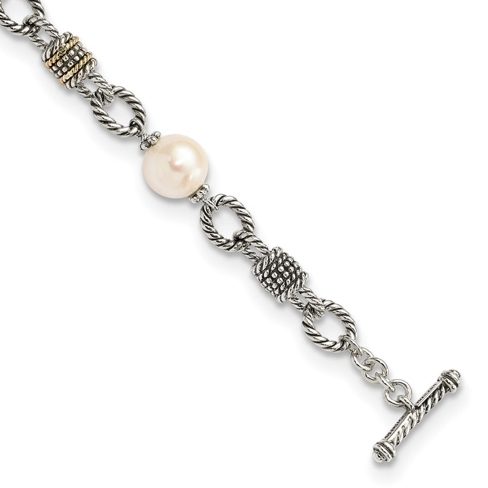 14K/Silver Two Tone Shey Couture Sterling Silver With 14K Accent 7.5 Inch Antiqued 10 10.5mm Freshwater Cultured Pearl Bracelet