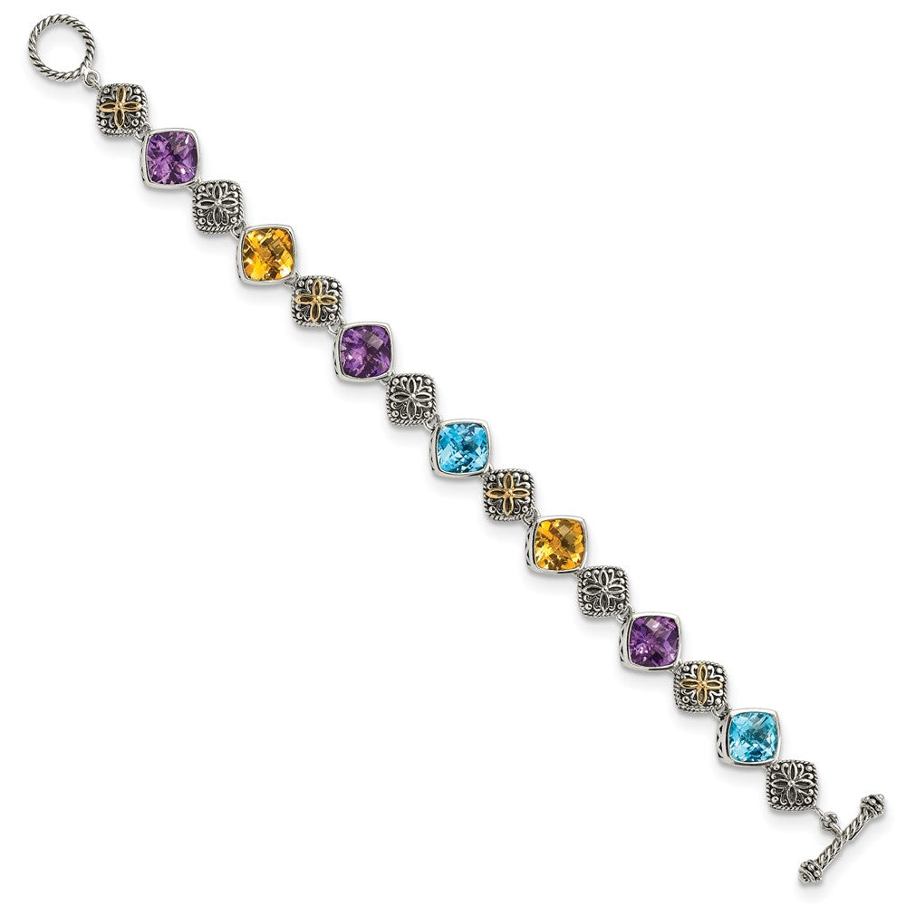 14K/Silver Two Tone Shey Couture Sterling Silver With 14K Accent 8.25 Inch Antiqued Cushion Bezel 7.95Amethyst/7.1Blue Topaz/5.3Citrine Bracelet