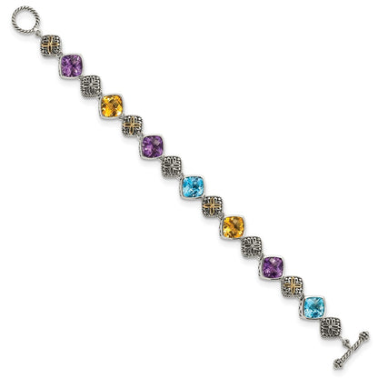 14K/Silver Two Tone Shey Couture Sterling Silver With 14K Accent 8.25 Inch Antiqued Cushion Bezel 7.95Amethyst/7.1Blue Topaz/5.3Citrine Bracelet