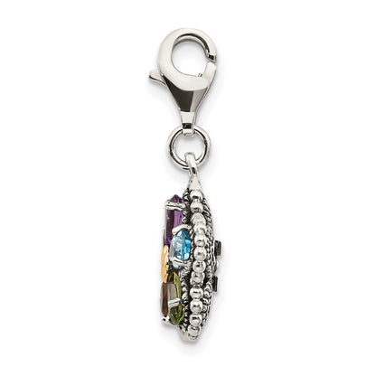 14K/Silver Two Tone Shey Couture Sterling Silver With 14K Accent Antiqued Pear Shaped Amethyst Citrine Blue Topaz Peridot And Garnet Multicolored Gemstone Flower Lobster Clasp Charm