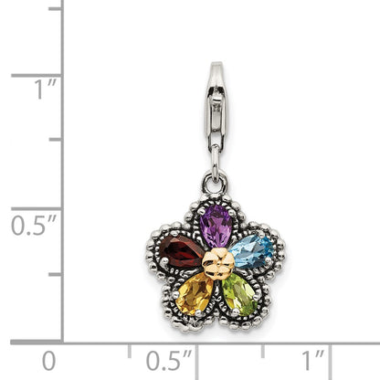 14K/Silver Two Tone Shey Couture Sterling Silver With 14K Accent Antiqued Pear Shaped Amethyst Citrine Blue Topaz Peridot And Garnet Multicolored Gemstone Flower Lobster Clasp Charm