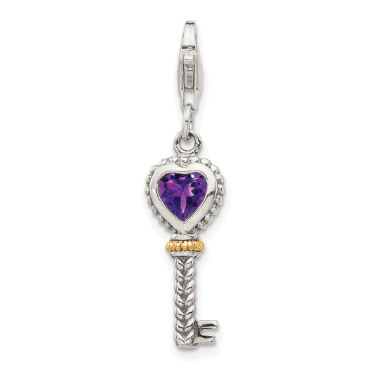 14K/Silver Two Tone Shey Couture Sterling Silver With 14K Accent Antiqued Heart Amethyst Key Lobster Clasp Charm