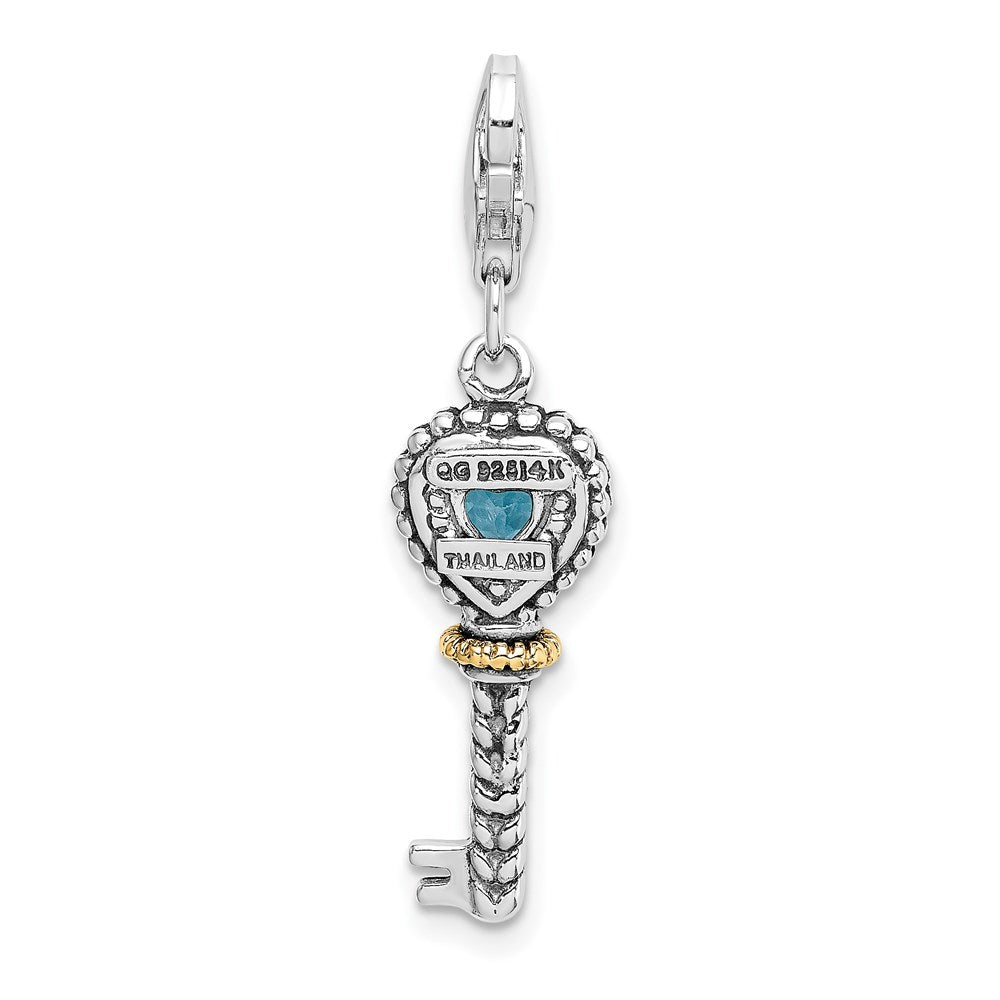14K/Silver Two Tone Shey Couture Sterling Silver With 14K Accent Antiqued Heart Bezel Blue Topaz Antique Key Lobster Clasp Charm