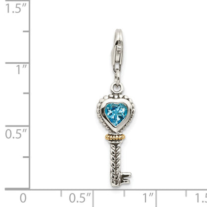 14K/Silver Two Tone Shey Couture Sterling Silver With 14K Accent Antiqued Heart Bezel Blue Topaz Antique Key Lobster Clasp Charm