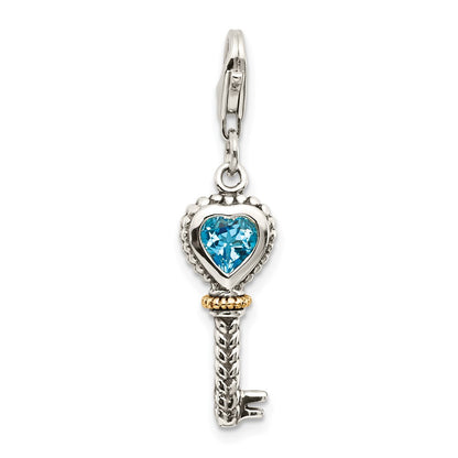14K/Silver Two Tone Shey Couture Sterling Silver With 14K Accent Antiqued Heart Bezel Blue Topaz Antique Key Lobster Clasp Charm