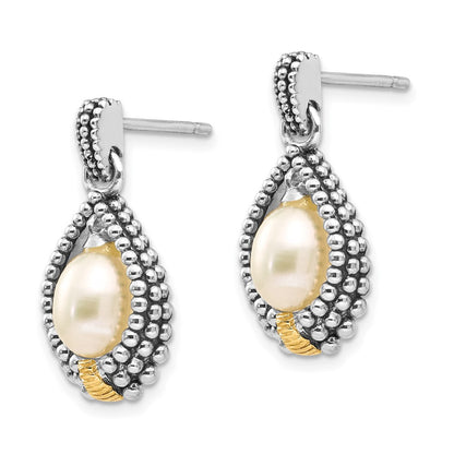 14K/Silver Two Tone Shey Couture Sterling Silver With 14K Accent Antiqued 7X5mm Freshwater Cultured Pearl Post Drop Earrings