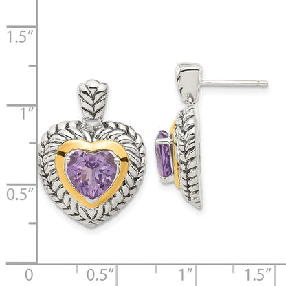 14K/Silver Two Tone Sterling Silver 14K Accent Antiqued Amethyst Heart Earrings