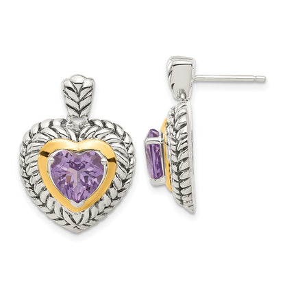 14K/Silver Two Tone Sterling Silver 14K Accent Antiqued Amethyst Heart Earrings