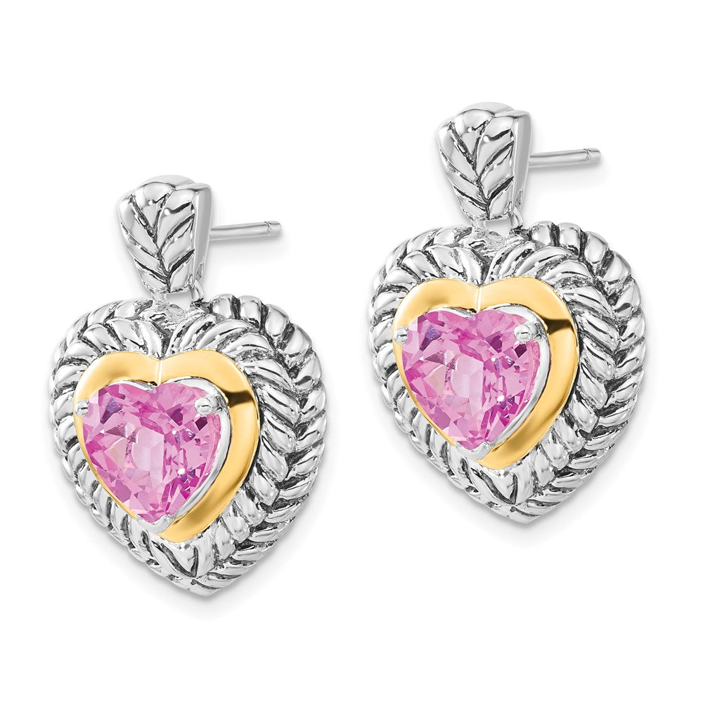14K/Silver Two Tone Sterling Silver W/ 14Ky Accent Polished & Antiqued Created Pink Sapphire Heart Post Dangle Earrings