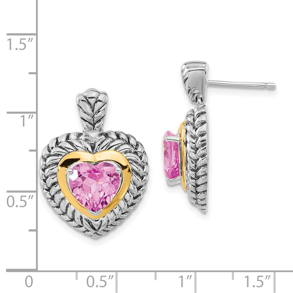 14K/Silver Two Tone Sterling Silver W/ 14Ky Accent Polished & Antiqued Created Pink Sapphire Heart Post Dangle Earrings