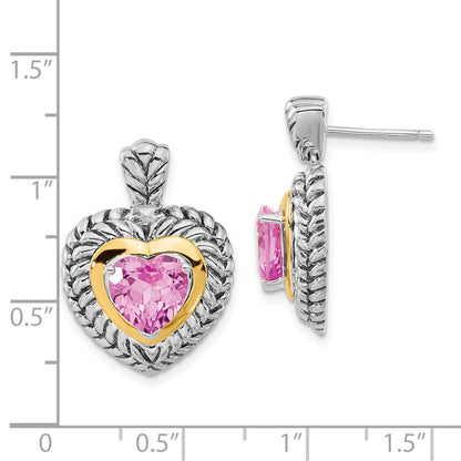 14K/Silver Two Tone Sterling Silver W/ 14Ky Accent Polished & Antiqued Created Pink Sapphire Heart Post Dangle Earrings