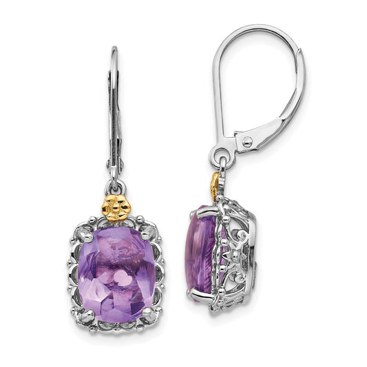14K/Silver Two Tone Shey Couture Sterling Silver Antiqued With 14K Accent Cushion Amethyst Leverback Dangle Earrings