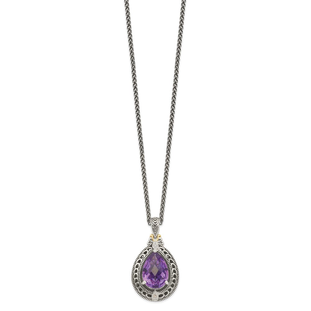 14K/Silver Two Tone Shey Couture Sterling Silver With 14K Accent 18 Inch Antiqued Diamond And Pear Shaped Amethyst Necklace