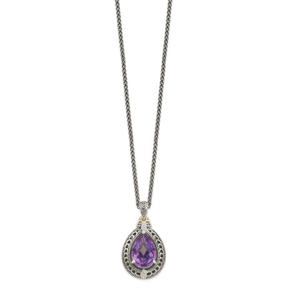 14K/Silver Two Tone Shey Couture Sterling Silver With 14K Accent 18 Inch Antiqued Diamond And Pear Shaped Amethyst Necklace