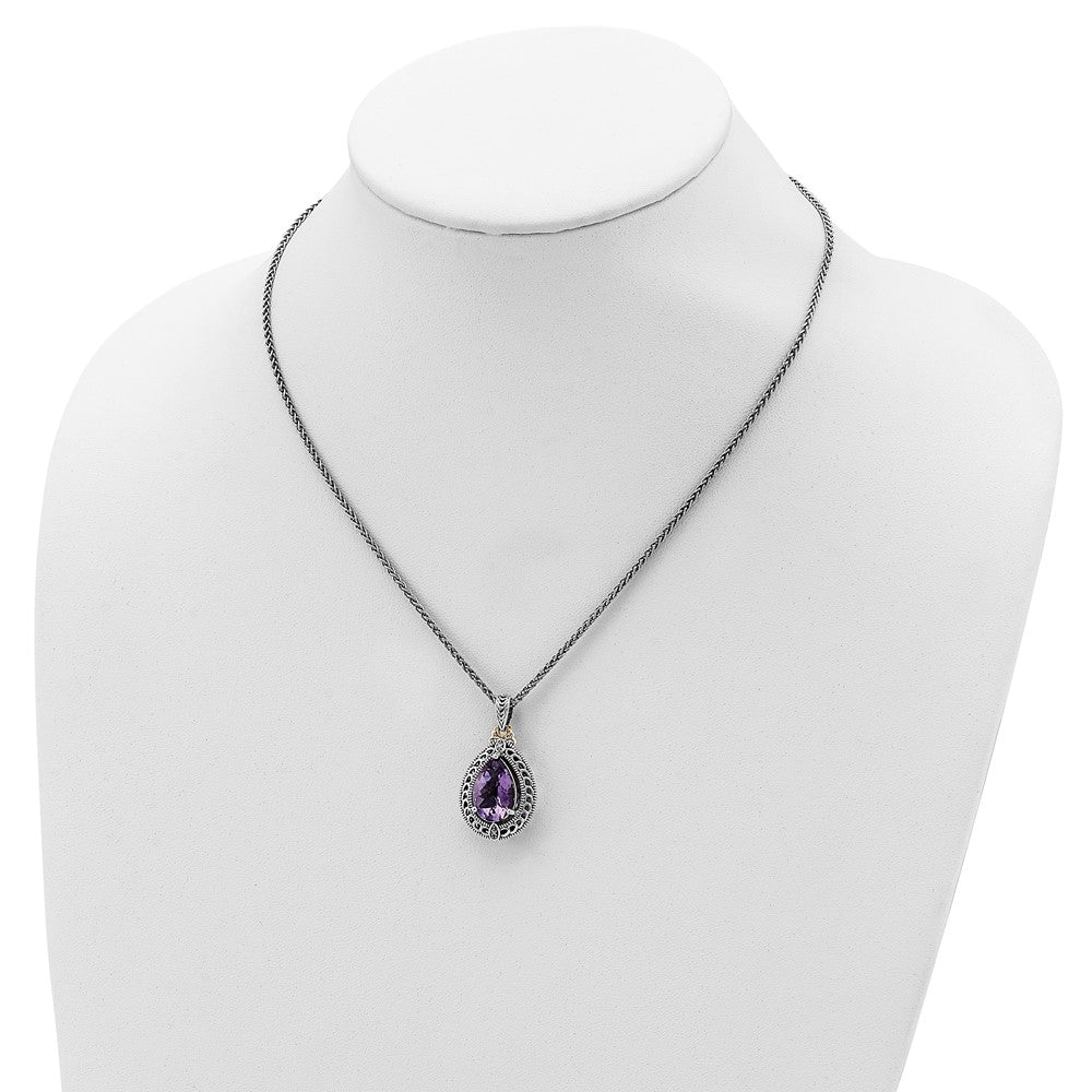 14K/Silver Two Tone Shey Couture Sterling Silver With 14K Accent 18 Inch Antiqued Diamond And Pear Shaped Amethyst Necklace