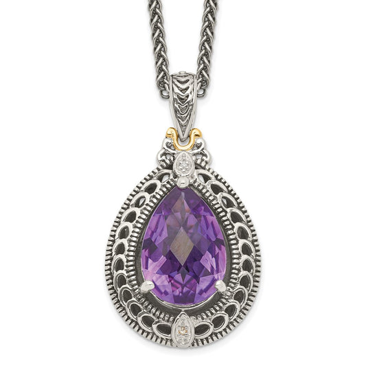 14K/Silver Two Tone Shey Couture Sterling Silver With 14K Accent 18 Inch Antiqued Diamond And Pear Shaped Amethyst Necklace