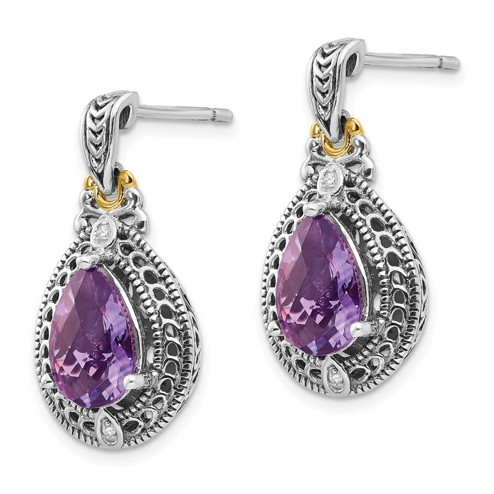 14K/Silver Two Tone Shey Couture Sterling Silver With 14K Accent Antiqued Diamond And Pear Shaped Amethyst Earrings
