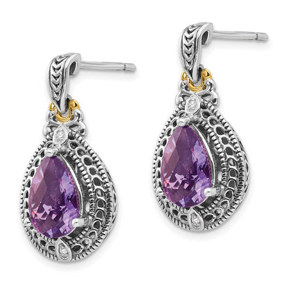 14K/Silver Two Tone Shey Couture Sterling Silver With 14K Accent Antiqued Diamond And Pear Shaped Amethyst Earrings