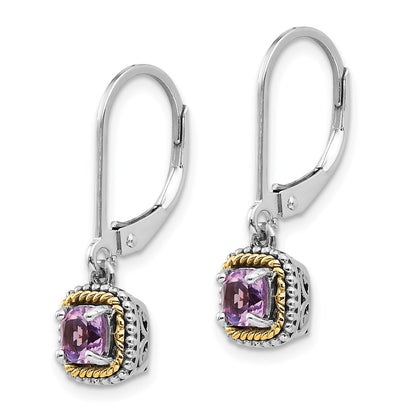 14K/Silver Two Tone Shey Couture Sterling Silver With 14K Accent Antiqued Cushion Amethyst Leverback Dangle Earrings