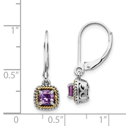 14K/Silver Two Tone Shey Couture Sterling Silver With 14K Accent Antiqued Cushion Amethyst Leverback Dangle Earrings