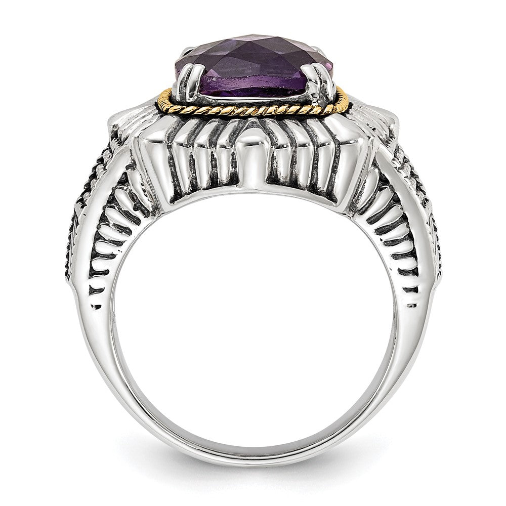 14K/Silver Two Tone Sterling Silver 14K Polished & Antiqued Textured Amethyst Ring (Size 7 Only)