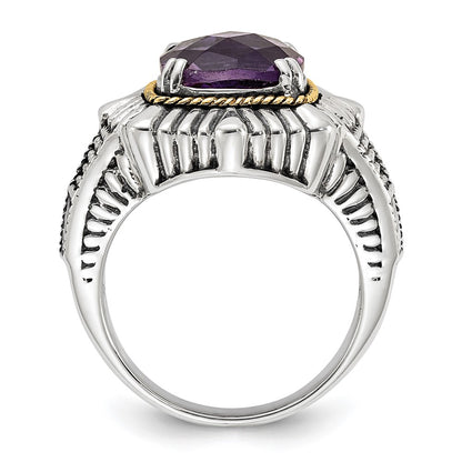 14K/Silver Two Tone Sterling Silver 14K Polished & Antiqued Textured Amethyst Ring (Size 7 Only)