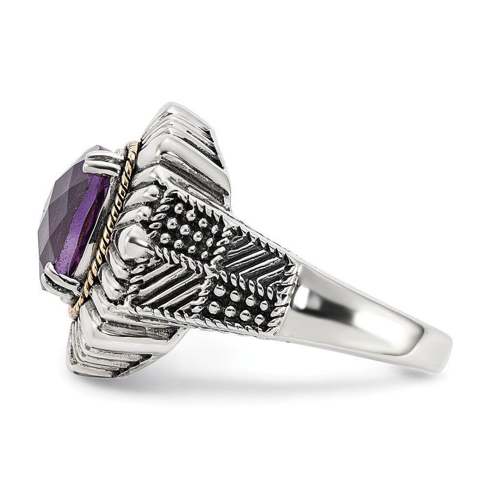14K/Silver Two Tone Sterling Silver 14K Polished & Antiqued Textured Amethyst Ring (Size 7 Only)