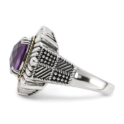 14K/Silver Two Tone Sterling Silver 14K Polished & Antiqued Textured Amethyst Ring (Size 7 Only)