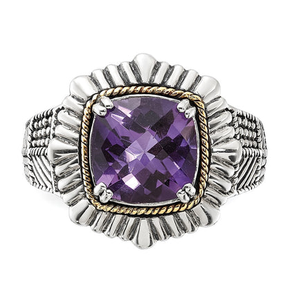 14K/Silver Two Tone Sterling Silver 14K Polished & Antiqued Textured Amethyst Ring (Size 7 Only)