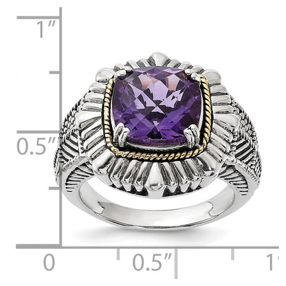 14K/Silver Two Tone Sterling Silver 14K Polished & Antiqued Textured Amethyst Ring (Size 7 Only)