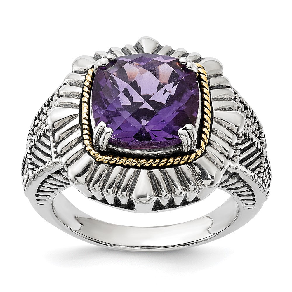 14K/Silver Two Tone Sterling Silver 14K Polished & Antiqued Textured Amethyst Ring (Size 7 Only)