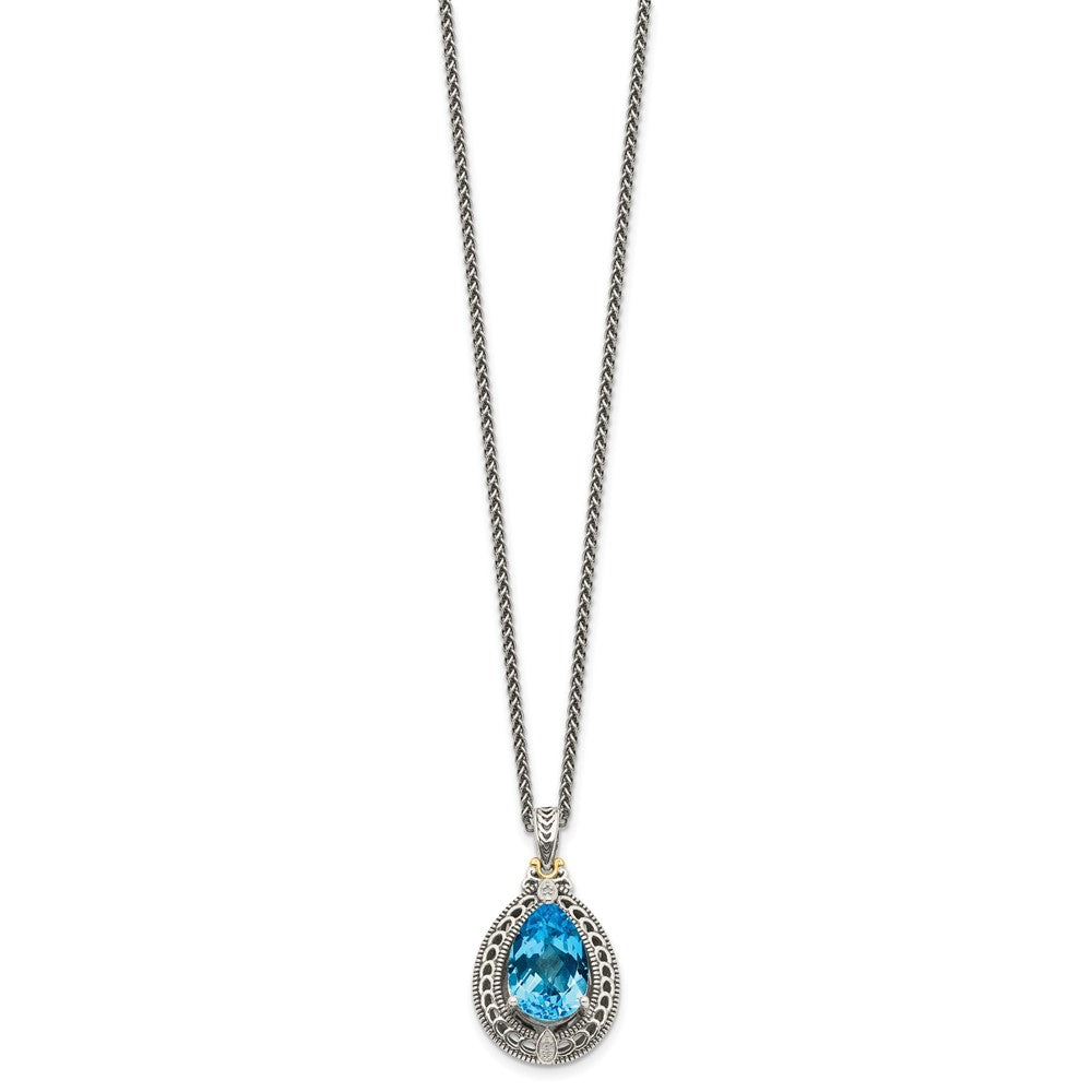 14K/Silver Two Tone Shey Couture Sterling Silver With 14K Accent 18 Inch Antiqued Diamond And Pear Shaped Blue Topaz Necklace