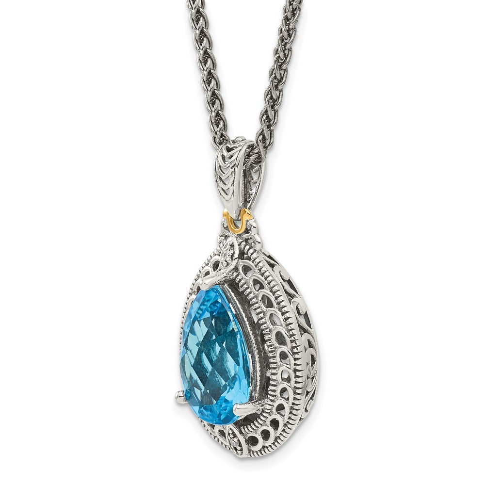 14K/Silver Two Tone Shey Couture Sterling Silver With 14K Accent 18 Inch Antiqued Diamond And Pear Shaped Blue Topaz Necklace