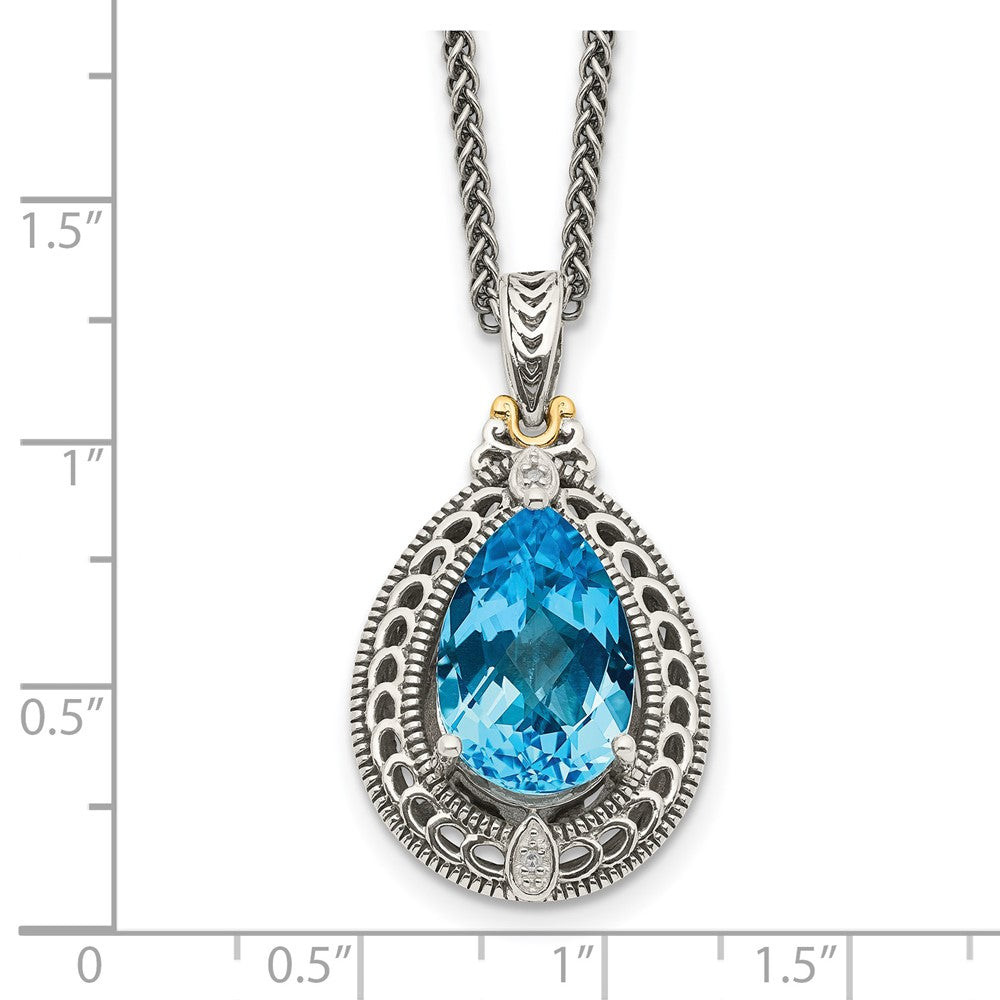 14K/Silver Two Tone Shey Couture Sterling Silver With 14K Accent 18 Inch Antiqued Diamond And Pear Shaped Blue Topaz Necklace