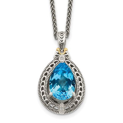 14K/Silver Two Tone Shey Couture Sterling Silver With 14K Accent 18 Inch Antiqued Diamond And Pear Shaped Blue Topaz Necklace