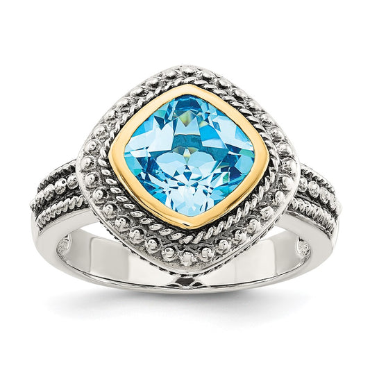 14K/Silver Two Tone Shey Couture Sterling Silver With 14K Accent Antiqued Cushion Bezel Blue Topaz Ring (Size 8 Only)