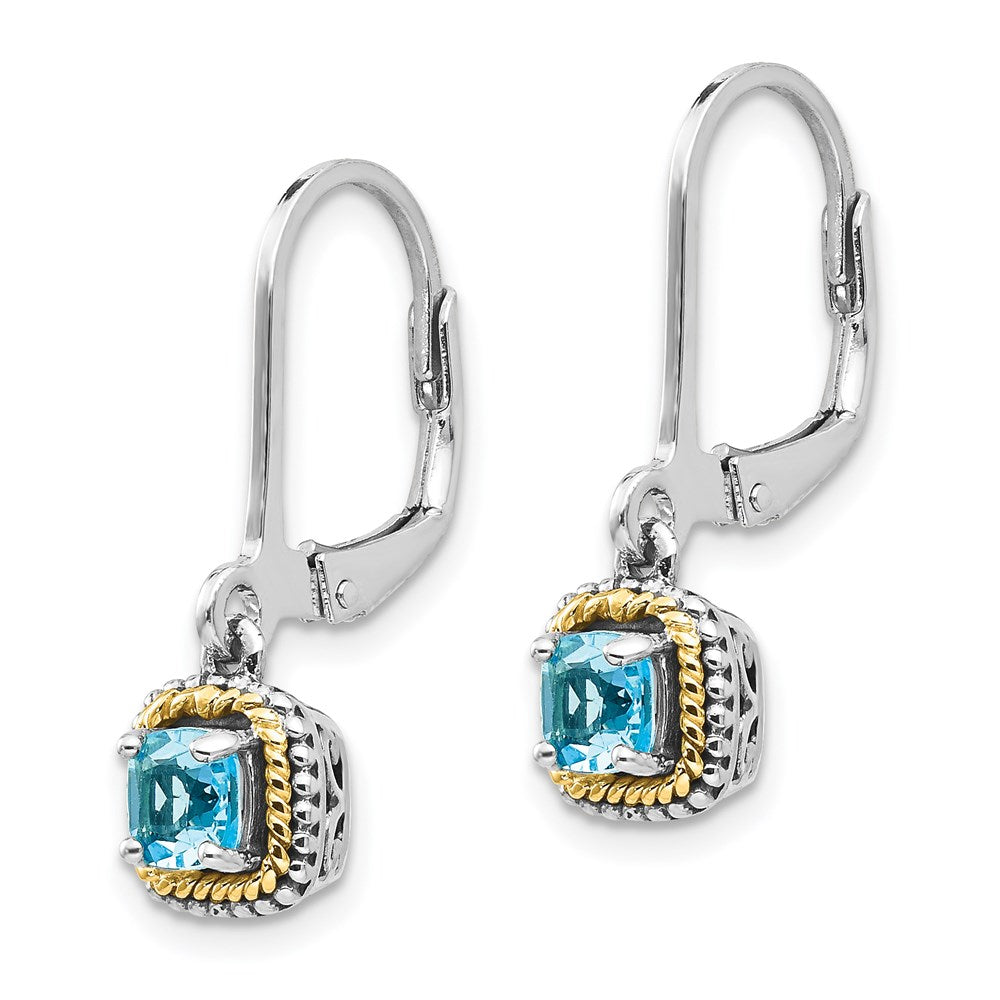 14K/Silver Two Tone Shey Couture Sterling Silver With 14K Accent Antiqued Cushion Blue Topaz Leverback Dangle Earrings
