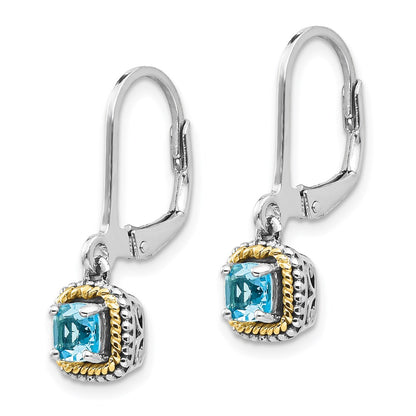 14K/Silver Two Tone Shey Couture Sterling Silver With 14K Accent Antiqued Cushion Blue Topaz Leverback Dangle Earrings