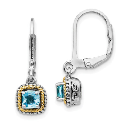14K/Silver Two Tone Shey Couture Sterling Silver With 14K Accent Antiqued Cushion Blue Topaz Leverback Dangle Earrings