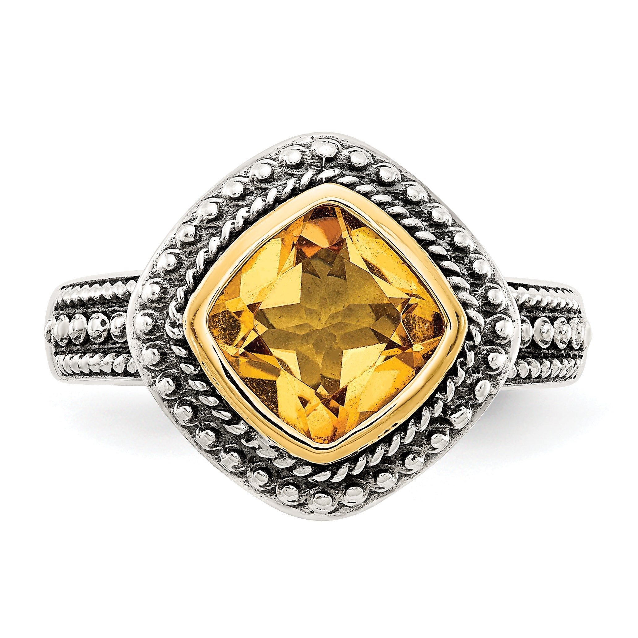 14K/Silver Two Tone Shey Couture Sterling Silver With 14K Accent Antiqued Cushion Bezel Citrine Ring