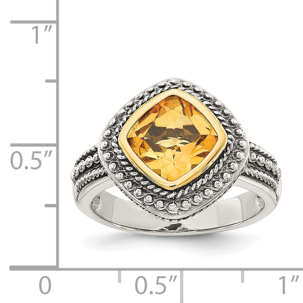 14K/Silver Two Tone Shey Couture Sterling Silver With 14K Accent Antiqued Cushion Bezel Citrine Ring