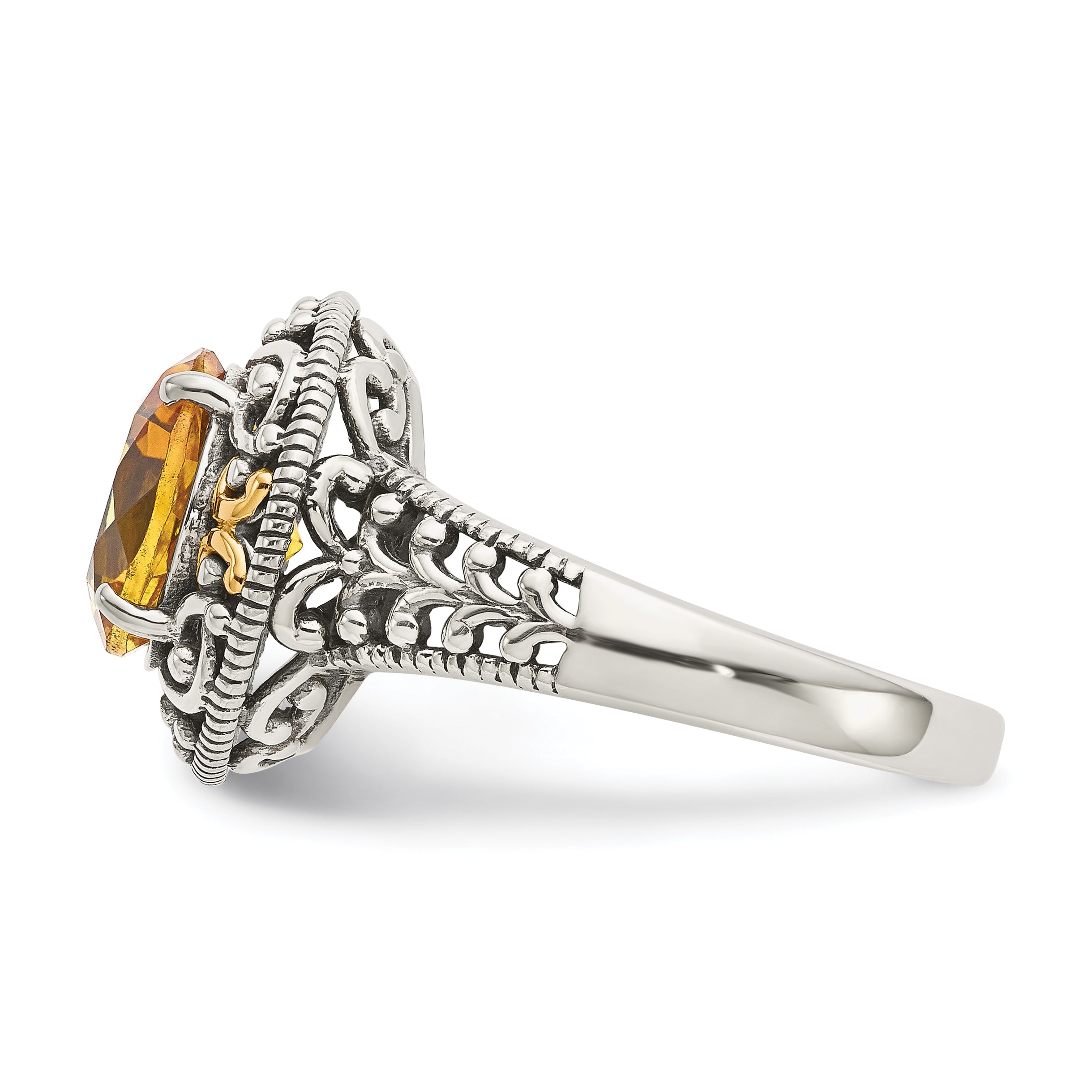 14K/Silver Two Tone Shey Couture Sterling Silver With 14K Accent Antiqued Round Citrine Ring