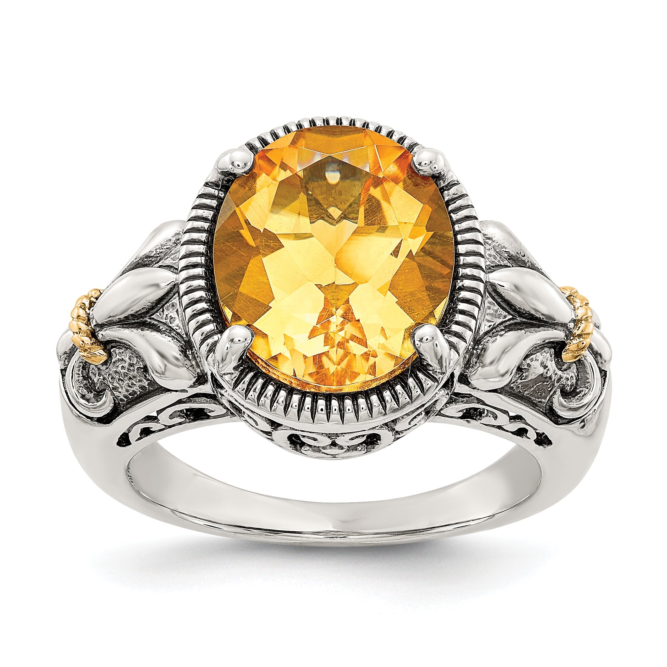 14K/Silver Two Tone Shey Couture Sterling Silver With 14K Accent Antiqued Oval Citrine Ring
