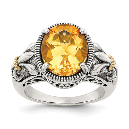 14K/Silver Two Tone Shey Couture Sterling Silver With 14K Accent Antiqued Oval Citrine Ring