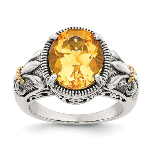 14K/Silver Two Tone Shey Couture Sterling Silver With 14K Accent Antiqued Oval Citrine Ring