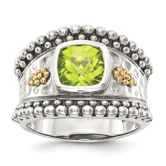 14K/Silver Two Tone Shey Couture Sterling Silver With 14K Accent Antiqued Cushion Bezel Peridot Ring