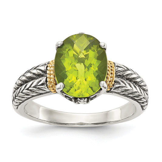14K/Silver Two Tone Shey Couture Sterling Silver With 14K Accent Antiqued Oval Peridot Ring